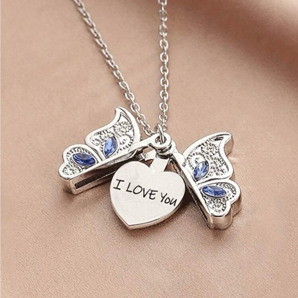 Silver Butterfly Heart Pendant Necklace